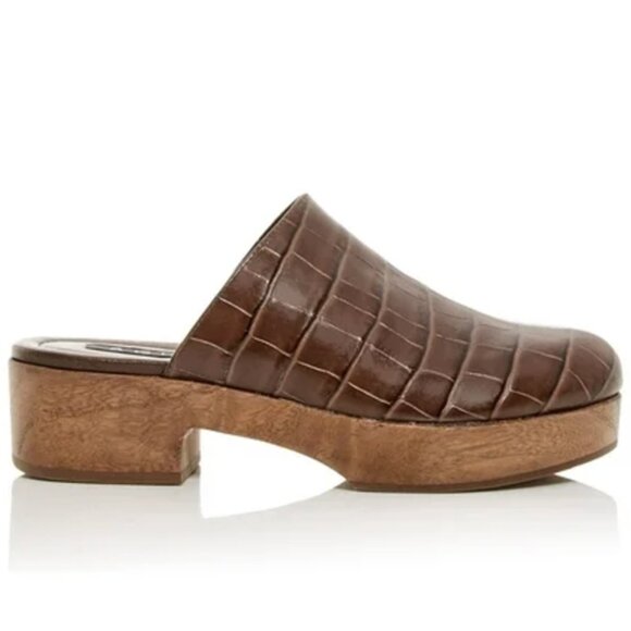 Aqua Brown Crocodile Leather Clogs with Wooden Platform, Size 6.5 - Picture 2 of 7